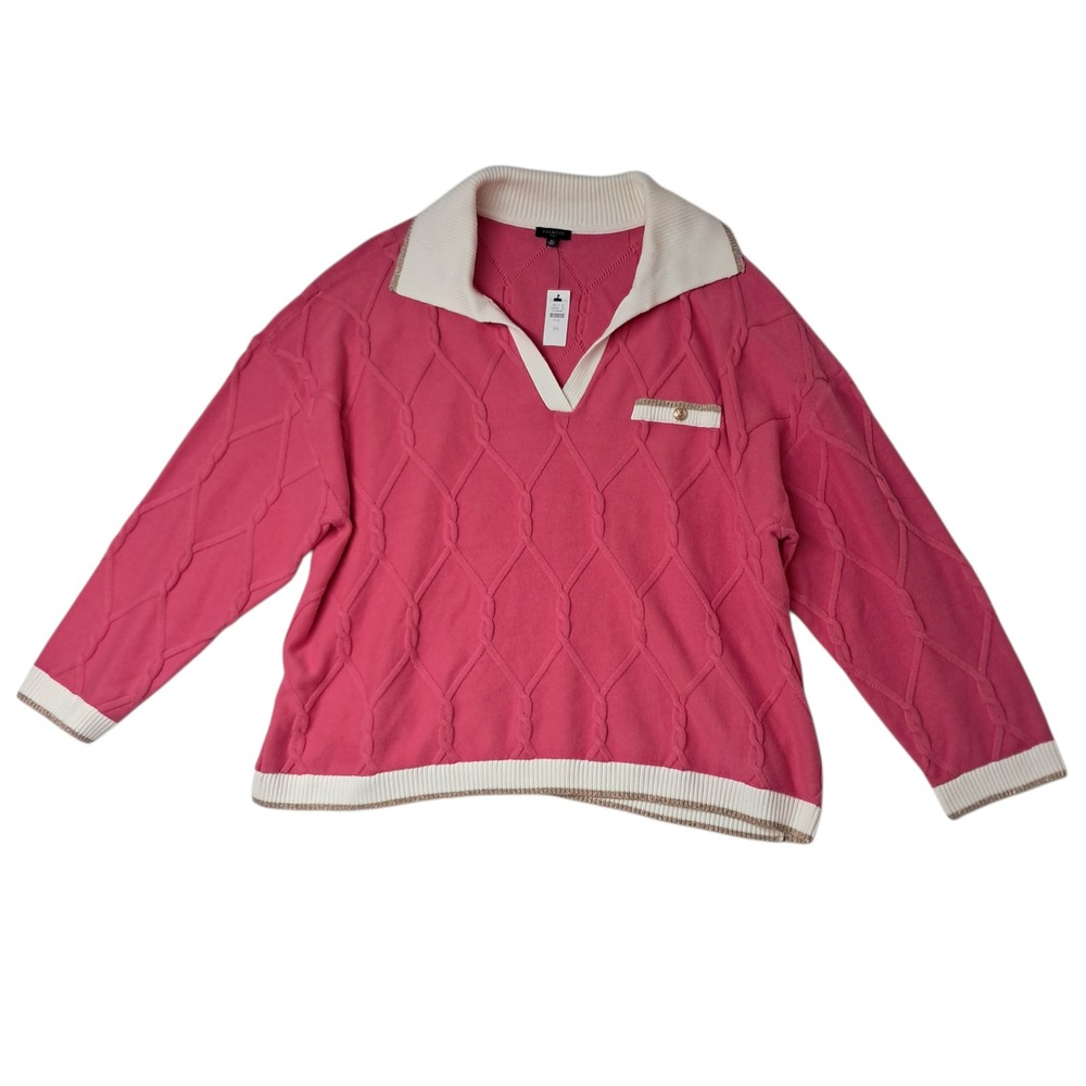 NWT Talbots‎ Lattice Cable Knit Johnny Collar Sweater Women's 3X Pink Preppy